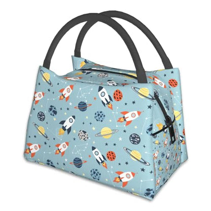Cartoon Rockets Insulated Lunch Bag,Cute Blue Planets Lunch Box for Women,Girls Boys Thermal Insulation Cooler Tote Bag Lightweight for Student School Work Picnic - color: Cartoon Rockets