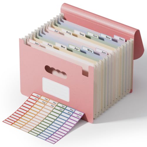 ThinkTex 12-Pocket Accordion File Organizer, Letter & A4 Size, 16 Colors | for Paper Receipts, Bills&Taxes Organizer, Portable Letter/A4 Size Document Holder for School, Office, Home - color: Strawberry Pink