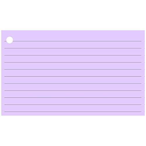 Colonial Cards: 150 Color Cardstock 3" x 5" Index Cards, Light Purple, Lined Landscape Format with Corner 1-Hole Punched and 4 Binder Rings - color: light purple