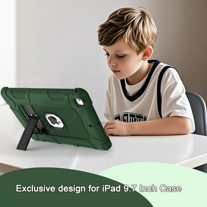 iPad 6th Generation Cases, iPad 5th Generation Case, iPad Air 2 Case, iPad 9.7 Case, Shockproof Rugged Drop Protection Cover Built with Kickstand for iPad 9.7'' A1893/A1954/A1822/A1823 - color: Darkgreen +Black