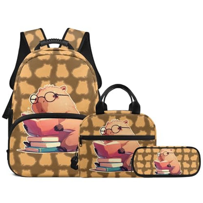 Cute Capybara 3PCS Kids Backpacks, 17 Inch Teen School Bookbag with Lunch Bag Pencil Case 3 in 1 Lightweight Daypacks for Middle High School Students - color: Cute Capybara