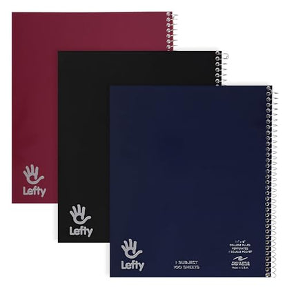 ROARING SPRING Lefty Spiral Notebook, Left-Handed One Subject Notebook, 3 Pack, 11" x 9", 100 Sheets, College-Ruled, Perforated, Assorted Saranac Covers, Made in USA