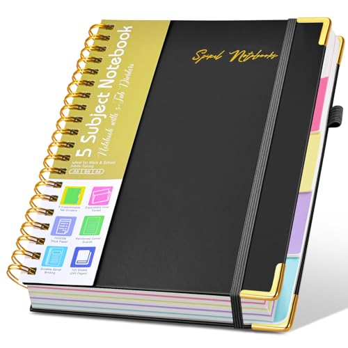 Hardcover Spiral Notebooks for Work, 5 Subject Notebook College Ruled with Dividers Tabs, Lined Organizer Notebook Journal for women, 8"x10" Large B5 Notebooks for School Note taking, 240 Pages Black - color: Paper-black, size: B5（8" x 10"）