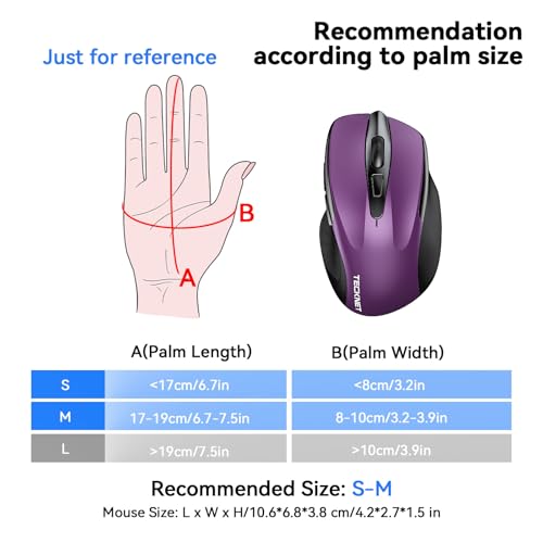 TECKNET Rechargeable Jiggler Wireless Mouse (BT5.0/3.0 & 2.4G) 4800 DPI Silent USB A & Bluetooth Mouse 6 Buttons, Wide Compatibility - Purple - color: Purple