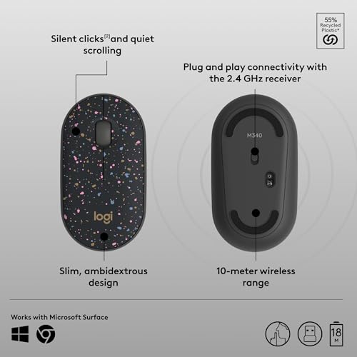 Logitech M340 Wireless Mouse with Limited Edition Prints, USB Receiver and Silent Clicks, Portable Wireless Mouse for Laptop, PC, Windows, Chrome, Surface – Speckles - color: Speckles