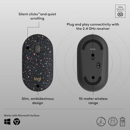 Logitech M340 Wireless Mouse with Limited Edition Prints, USB Receiver and Silent Clicks, Portable Wireless Mouse for Laptop, PC, Windows, Chrome, Surface – Speckles - color: Speckles
