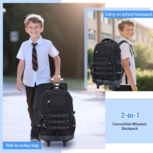 ACESAK Camo Rolling Backpack Boys, Tactical Kids Backpack Boys, Kids Suitcase for Boy Teens Elementary Middle High School, Military Backpack with Wheels and Lunch Bag Pencil Case Set (Black) - color: Black