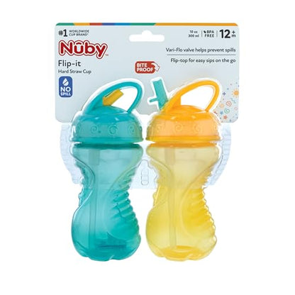 Nuby Flip-It Hard Straw Cups with Vari-Flo Straw - (2 Pack) 10 oz - Spill-Resistant - 12+ Months - Aqua/Yellow - color: Aqua & Yellow