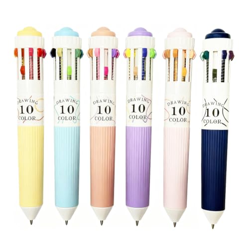 6 Pack 10-in-1 Classic Multicolor Pens 57 Colors | Retractable 0.8mm Fine Tip, Smooth Writing, Shuttle Pen for Art Sketching, Drawing, Note Taking, School, Office
