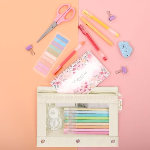 SKYDUE Pencil Pouch for 3 Ring Binder, 3 Ring Zipper Pencil Case with Clear Window, Large Binder Pencil Pouch with Grommets, Three Hole Pencil Holder for School, Pink & Purple (2 Pack) - color: Pink&beige