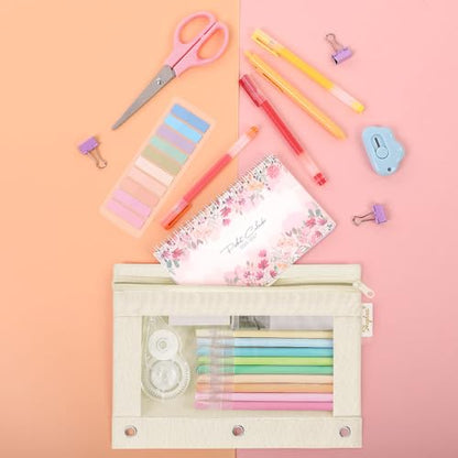 SKYDUE Pencil Pouch for 3 Ring Binder, 3 Ring Zipper Pencil Case with Clear Window, Large Binder Pencil Pouch with Grommets, Three Hole Pencil Holder for School, Pink & Purple (2 Pack) - color: Pink&beige