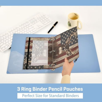 Kcldeci Pencil Pouch for 3 Ring Binder, Deer American Flag 2 Pack Binder Pencil Pouch with Clear Window Pencil Bags with Zipper Pencil Case for binder - color: A09