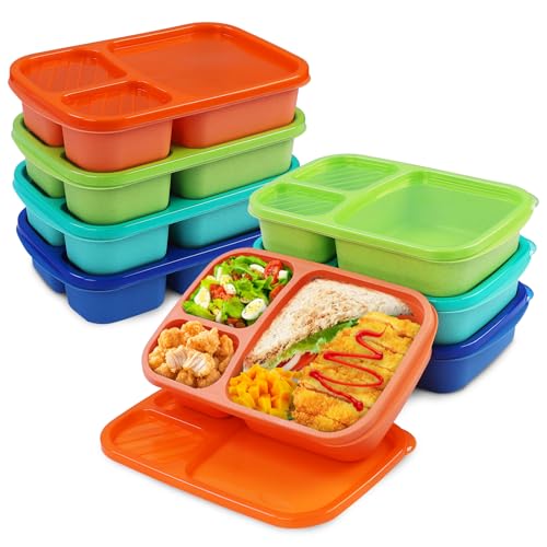 buluker 8 Pack Bento Lunch Box Set 3 Compartment Wheat Straw Meal Prep Food Storage Containers Plastic, Microwave and Dishwasher Safe （Jewel Brights） - color: 8 Pack（Jewel Brights）