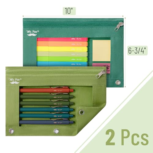 Mr. Pen- Pencil Pouch for 3 Ring Binder, 2 Pack, 10"x6.75", Smooth Zipper | Clear Window, Large Capacity Pencil Case with 3 Reinforced Grommets for School, Office, Supplies Storage | Clear Window, Large Capacity Pencil Case with 3 Reinforced Grommets for
