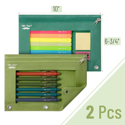 Mr. Pen- Pencil Pouch for 3 Ring Binder, 2 Pack, 10"x6.75", Smooth Zipper | Clear Window, Large Capacity Pencil Case with 3 Reinforced Grommets for School, Office, Supplies Storage | Clear Window, Large Capacity Pencil Case with 3 Reinforced Grommets for