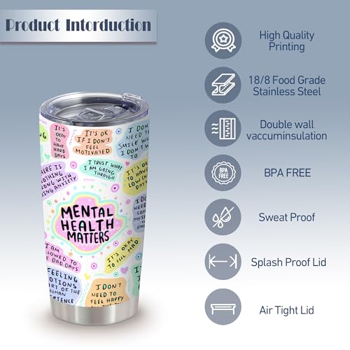20oz Mental Health Matters Pastel Insulated Stainless Steel Mug with Lid | Double Wall Insulated Mug, Positive Inspirational Design, Gift for Women, Fits Birthday Holiday Christmas Self Love Gift - color: 1 Count (Pack of 1)-Mental Health Breakdown