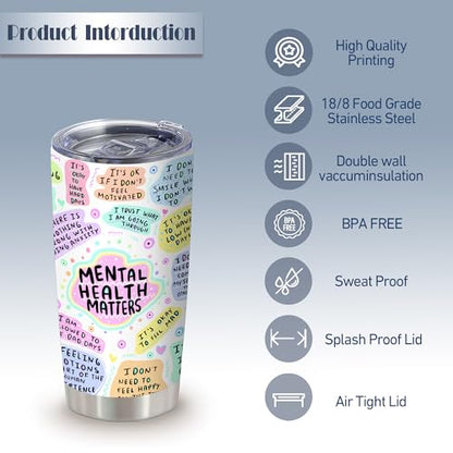 20oz Mental Health Matters Pastel Insulated Stainless Steel Mug with Lid | Double Wall Insulated Mug, Positive Inspirational Design, Gift for Women, Fits Birthday Holiday Christmas Self Love Gift - color: 1 Count (Pack of 1)-Mental Health Breakdown