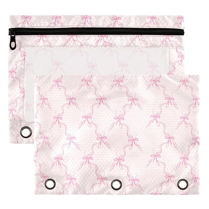Wamika Bowknot Pink Binder Pouches 3 Ring for Boys Girls School Office College Supplies Cute Bow Ribbon Tie Pencil Pouches Case Bag with Clear Window and Zipper 2 pack - color: Pink bow