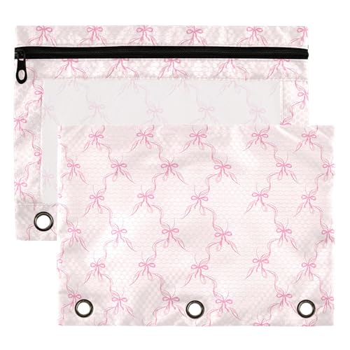 Wamika Bowknot Pink Binder Pouches 3 Ring for Boys Girls School Office College Supplies Cute Bow Ribbon Tie Pencil Pouches Case Bag with Clear Window and Zipper 2 pack - color: Pink bow