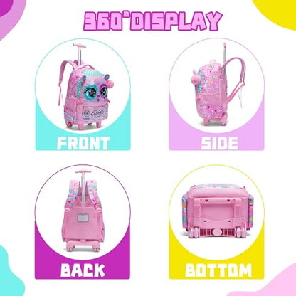Rolling Backpack for Girls Backpacks with Wheels for Elementary Preschool Students Kids 2 in 1 Travel Luggage Carry on Suitcase for Girls Age 8-10 - color: Rose 01