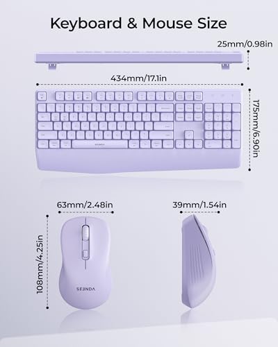 seenda Wireless Bluetooth Keyboard Mouse Combo, Ergonomic Keyboard with Wrist Rest, Silent Mouse, USB & Bluetooth Multi-Device, Full-Size Compatible for Windows PC Laptop Mac MacBook, Purple - color: Purple