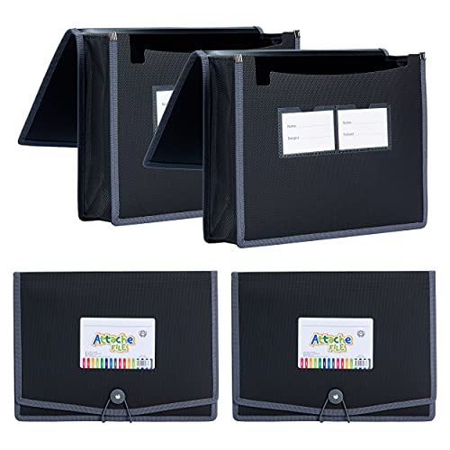 FANWU 4 Pack Plastic Expanding File Wallet Document Organizer with Elastic Cord & Button Closure, Letter Size, 3.5" Expansion, Poly A4 Expandable File Folder for School Office & Home Organization - color: Black