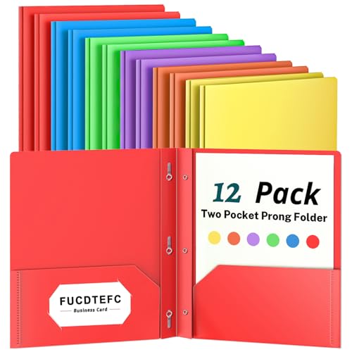 FUCDTEFC 2 Pocket Folder with Prong, 12 Pack Plastic Folders with Pockets, File Folders with Fasteners, Heavy Duty Two Pocket 3 Prong Folders for Office School Letter Size, 6 Bright Color - size: 12 Pack