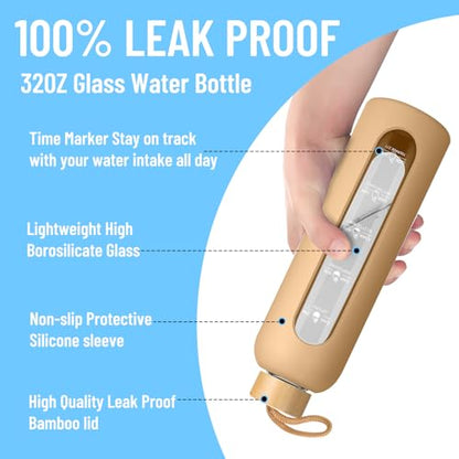 Sursip 32 oz Glass Water Bottle, Time Marker with Silicone Sleeve & Lid | 1 Liter BPA-Free Motivational Bottle, Leak-Proof Dishwasher Safe - color: Milky White