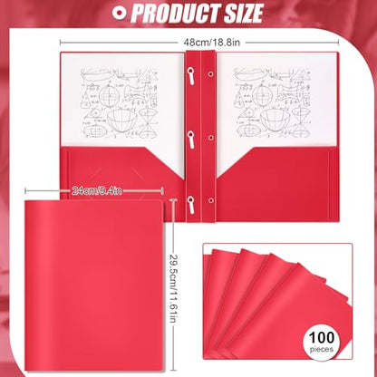 Lincia 100 Pcs Plastic Folders with Pockets and Prong Folders with Prongs 2 Pockets for Office, School for Students, Teachers, Office Workers(Red) - color: Red