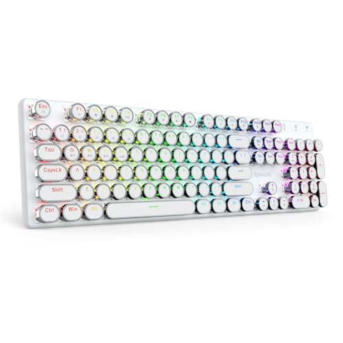 Redragon K710 Wireless Typewriter Mechanical Gaming Keyboard, Bluetooth/2.4Ghz/Wired, RGB LED Backlit, Blue Switch - Clicky, Rechargeable, Solid Metal Panel, Round Keycaps, White - color: White