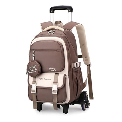 Rolling Backpack for Boys Girls Kids Backpack with Wheels Elementary School Roller Bookbag Trolley Bag Brown - color: 05-6 Wheels-brown, size: 6 Wheels