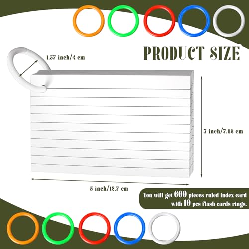 600 PCS White Index Cards Ruled, 3 x 5 Inches Flash Cards with Ring, Note Cards Study Cards for School Learning and To to Lists