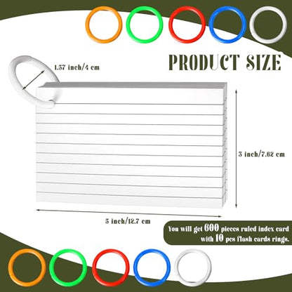 600 PCS White Index Cards Ruled, 3 x 5 Inches Flash Cards with Ring, Note Cards Study Cards for School Learning and To to Lists