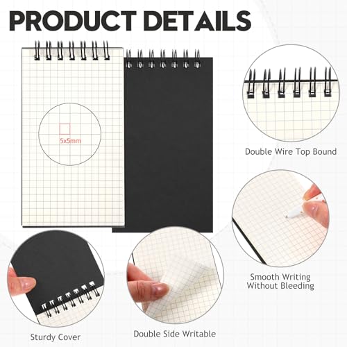 Jutom 48 Pcs Mini Pocket Notebooks Bulk 3x5 Graph Paper Top Spiral Notebook 120 Pages 80 Gsm Mini Grid Notepads for Personal Organizers Home Classroom Business Work Supplies (Black) - color: Black