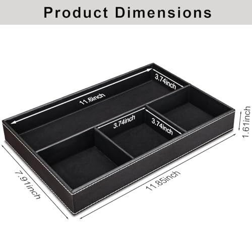 KINGFOM Pu Leather Desk Organizer Tray, 4 Compartment Office Storage Supplies Stationery Drawer Tray, Nightstand Bedside Tray for Key, Wallet, Sunglass, Watch, Coin, Phone Valet Tray Stackable Black - color: Black