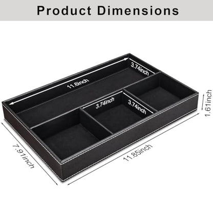 KINGFOM Pu Leather Desk Organizer Tray, 4 Compartment Office Storage Supplies Stationery Drawer Tray, Nightstand Bedside Tray for Key, Wallet, Sunglass, Watch, Coin, Phone Valet Tray Stackable Black - color: Black