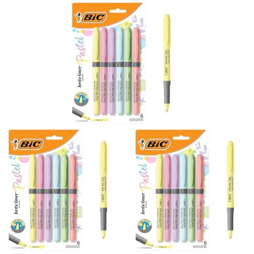 BIC Brite Liner Grip Pastel Highlighter Set, Chisel Tip, 6-Count Pack of Pastel Highlighters in Assorted Colors, Cute Highlighters for Bullet Journaling, Note Taking and More (Pack of 3) - size: 6 Count (Pack of 3)