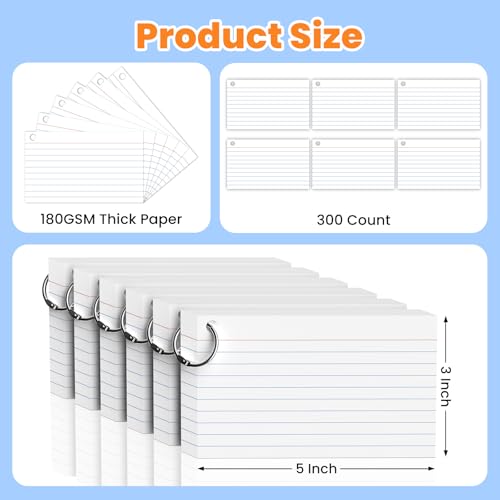 600 Count White Index Cards 3x5 Inch with Ring, Heavy Weight Flash Cards, Note Taking Supplies, Portable Note Cards, Study Flashcards for Students & Teachers, Office Home School Study Supplies - color: White-12