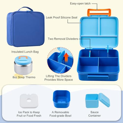 Bento Lunch Box for Kids with Thermo, Leakproof Bento Box with 8oz Insulated Food Jar, Lunch Bag, BPA Free Dishwasher Safe 4 Compartment Container for School Girls Boys (Blue) - color: Blue1