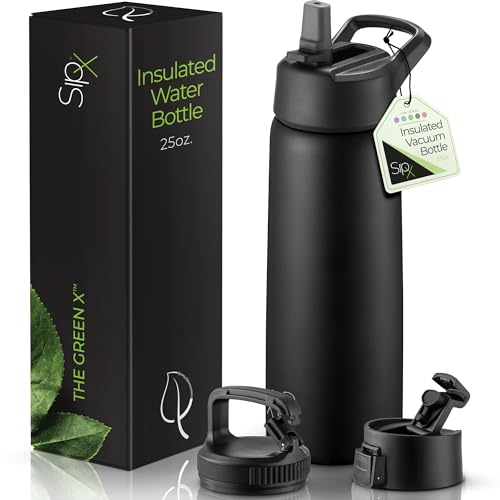 SipX™ Insulated Water Bottle with 3 Lids 25 oz (750 mL). Leakproof Stainless Steel, Triple Insulated – Cold 24 Hours/Hot 12 Hours – Durable Bottle for School, Gym, Travel – Black - color: Black, size: 25 Ounces