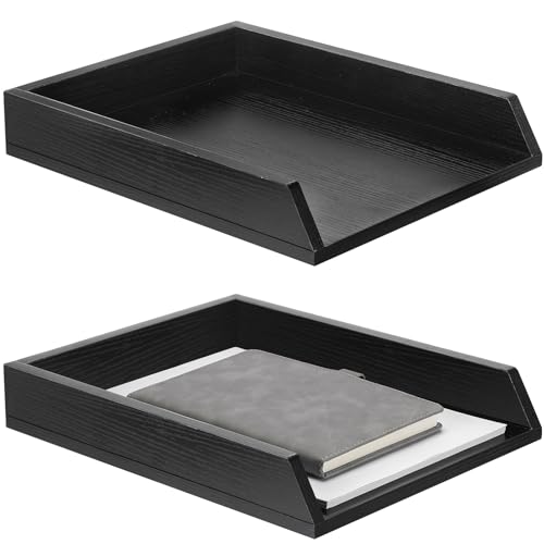 DoubleFill 2 Pcs Wooden Letter Trays 2 Tier Desktop Paper Organizer Wood Letter-Size Desk Document Tray Heavy Duty Stackable Paper Drawer Holder File Folder Back to School Office Home (Black) - color: Black
