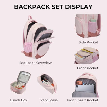 Glodwheat 3Pcs Backpack Set For Girls With Insulated Lunch Bag & Pencil Case, Lightweight Water-Resistant School Bookbag With 11 Compartments / 20L - color: Blush