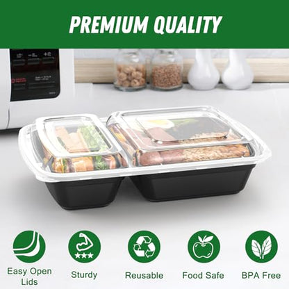 Dealusy 50 Pack (100-Piece) 28 oz Meal Prep Containers Reusable with Lids 2-Compartment, Sturdy Leakproof Food Safe, Microwave Freezer Dishwasher Safe, To Go Take Out Plastic Food Storage, Black - color: Black
