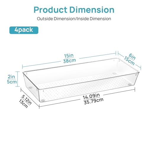 Vtopmart 4 Pack 15" X 6" Kitchen Drawer Organizers, Clear Plastic Drawer Organizer Tray, Storage Bins for Flatware, Silverware, Utensil, Cutlery