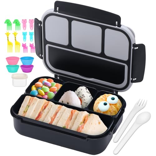 QQKO Bento Box for Kids Adults, School Toddler Lunch Box for Boys Girls, Lunch Box Containers with 4 Compartments, Sauce Container, Utensils, Food Picks and Muffin Cups for School, Black Gray - color: Black Gray