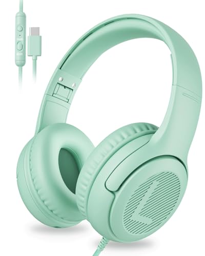 awatrue USB-C Kids Headphones with Mic - 85/94dB Volume Limiter, Foldable Wired Toddler Headphones for Boys & Girls, Over-Ear Type-C Kid Headphones for School, Travel, lPad, Tablet & Smartphones - color: USBC Green