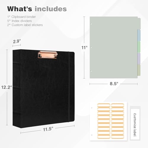 Ospelelf 3 Ring Binder with Clipboard 2 Inch Leather Binder for Letter Size (8.5" x 11"), Clipboard Binder with 5 Tab Dividers Back to School Supply, Black - color: Black, size: Letter Size - 2 Inch