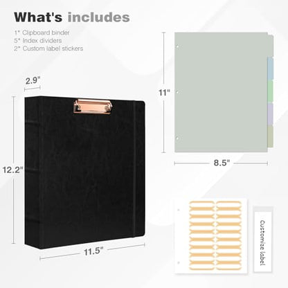 Ospelelf 3 Ring Binder with Clipboard 2 Inch Leather Binder for Letter Size (8.5" x 11"), Clipboard Binder with 5 Tab Dividers Back to School Supply, Black - color: Black, size: Letter Size - 2 Inch