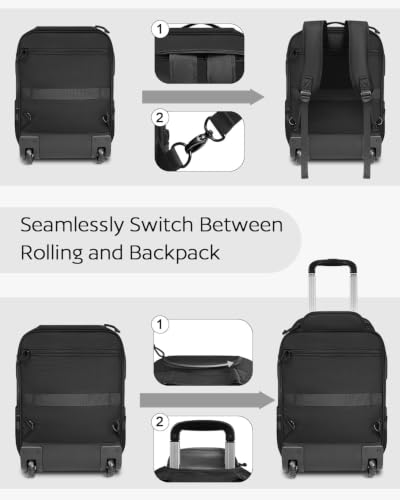 AUROTIER Rolling Tactical Laptop Backpack, Underseat Travel Backpack with Wheels, 16 Inch Wheeled Computer Backpack for Men and Women, Roller Overnight Molle Outdoor Hiking College Carry on Luggage - color: Black