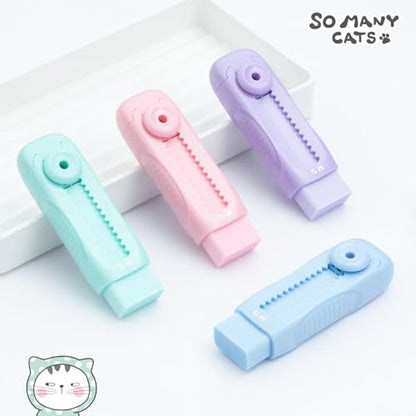 M&G 4 Pcs Cute Erasers for Kids Sliding Retractable Pencil Erasers, Push Pull Design Cute Erasers Stationery Supplies for Kids Back to School Supplies for Office - color: Purple + Pink + Blue + Green